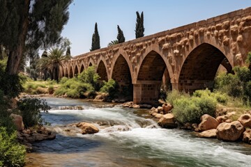 Fototapeta premium Magnificent ancient roman stone arch bridge crossing a picturesque historic river