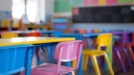Fototapeta premium A colorful classroom setting with vibrant chairs and tables, designed for an engaging learning environment.