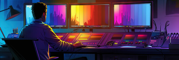 Colorist's Vision: A colorist working in a dark room