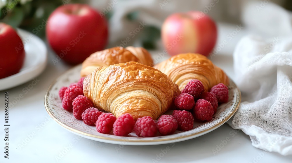 Poster three golden croissants on a plate with red raspberries and apples in the background.