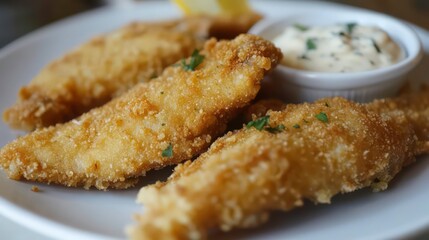 Crispy golden fish fingers served with a creamy tartar sauce on a white plate.