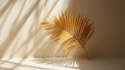 Golden palm leaf in sunlight, minimalist background.