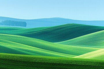 Fototapeta premium Serene green hills under a clear blue sky, showcasing the beauty of nature and lush landscapes in a tranquil setting.
