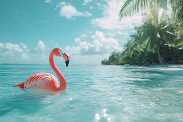 Dreamy beach setting with crystal waters, graceful palms, and floating pink flamingo.