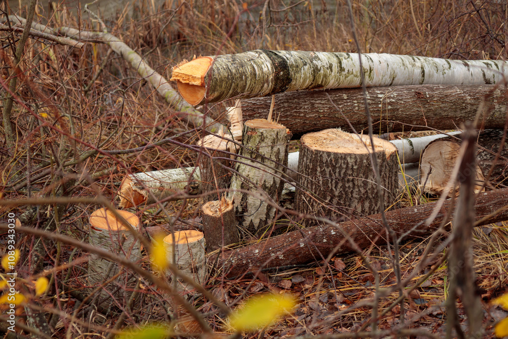 Wall mural Deforestation concept. Freshly chopped alder and birch trees with stumps in the forest after cutting forest