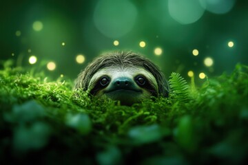 Naklejka premium a sloth peeking through lush green foliage in a serene forest setting