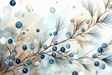 Beautiful watercolor illustration of blue berries on a branch with soft background hues
