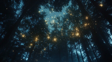 Bioluminescent Forest Night: Magical Stars, Glowing Plants, Tranquil Scene