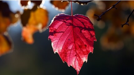 Single Red Autumn Leaf Hanging From Branch