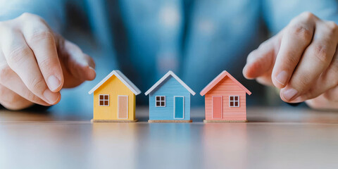 Hands surrounding small house models representing financial choices and investment opportunities. colorful houses symbolize diversity in housing options