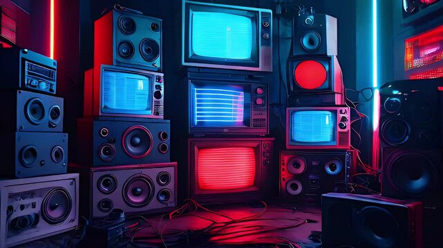 Retro TVs, stereos, and speakers in a dark room with neon lights.