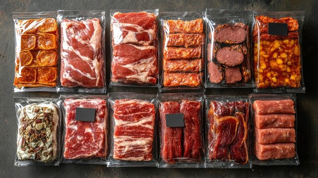 Flat-lay of packaged dried meat varieties with labels indicating flavor and origin, neatly arranged on a stone surface for a commercial display.