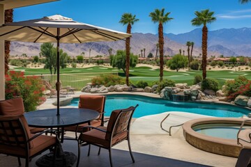 Fototapeta premium Palm trees set against stunning mountain range backdrop in la quinta, california