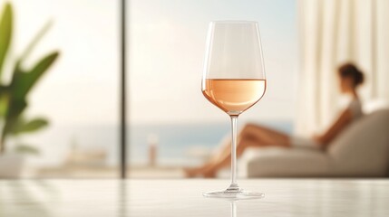 A glass of rose wine sits on a table, with a serene beach view in the background and a woman relaxing on a sofa.