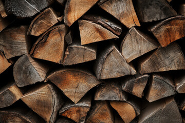 Fototapeta premium Close-up of stacked firewood showcasing natural textures and earthy tones, capturing the rustic charm and detailed grain patterns of the wood.