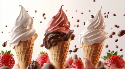 set of Chocolate, vanilla and strawberry splash of Ice cream cone flavor with clipping path, 3d, dessert, sweet, food, ice cream, delicious