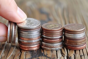 A hand is stacking coins into neat piles on a wooden surface, showcasing various denominations and a focus on currency organization.