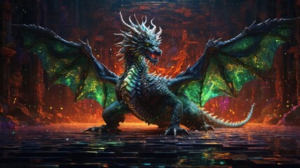 A majestic green and black dragon with glowing scales and wings stands in a fiery cave, illuminated by the glow of a molten lava pool.