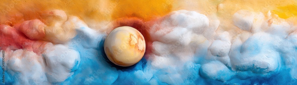 Poster a vibrant, abstract depiction of a celestial scene featuring a planet surrounded by colorful clouds 