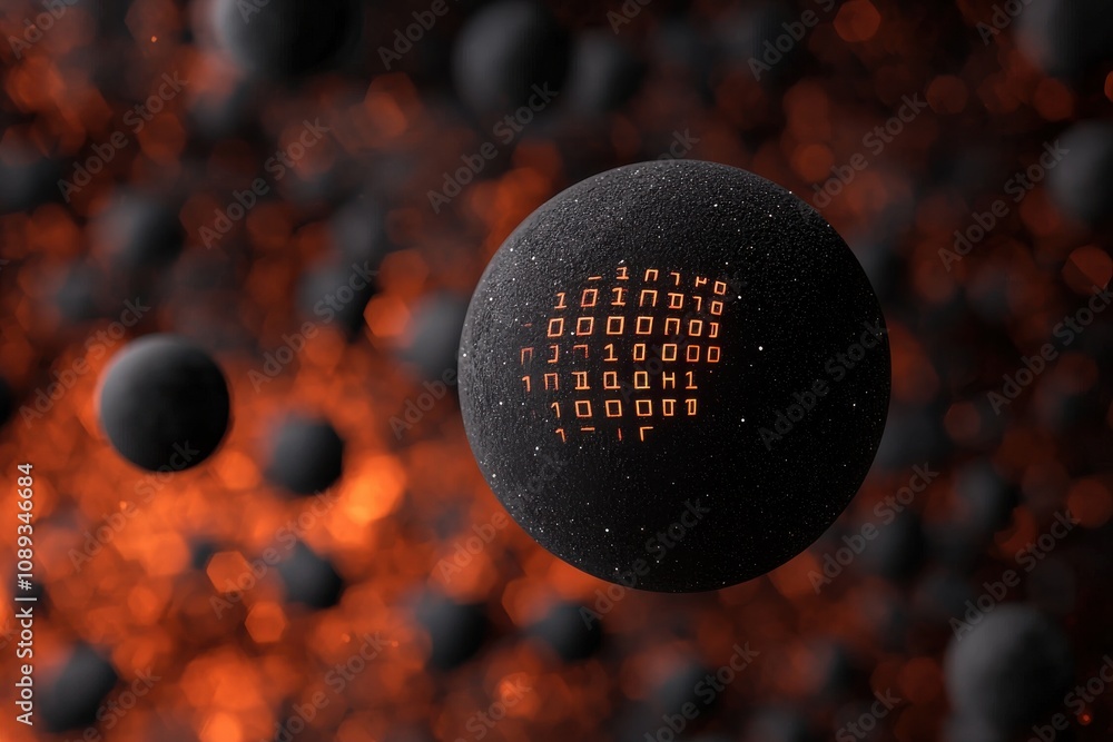 Poster a dark, abstract scene featuring floating spheres with glowing patterns, set against a backdrop rese