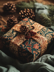 A beautifully wrapped gift rests on a soft fabric surface surrounded by pine cones, showcasing intricate design and autumnal colors