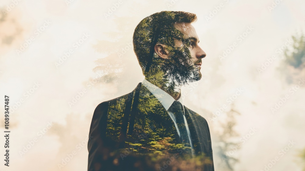 Poster a double exposure image of a man in a suit with a forest overlay, symbolizing connection with nature