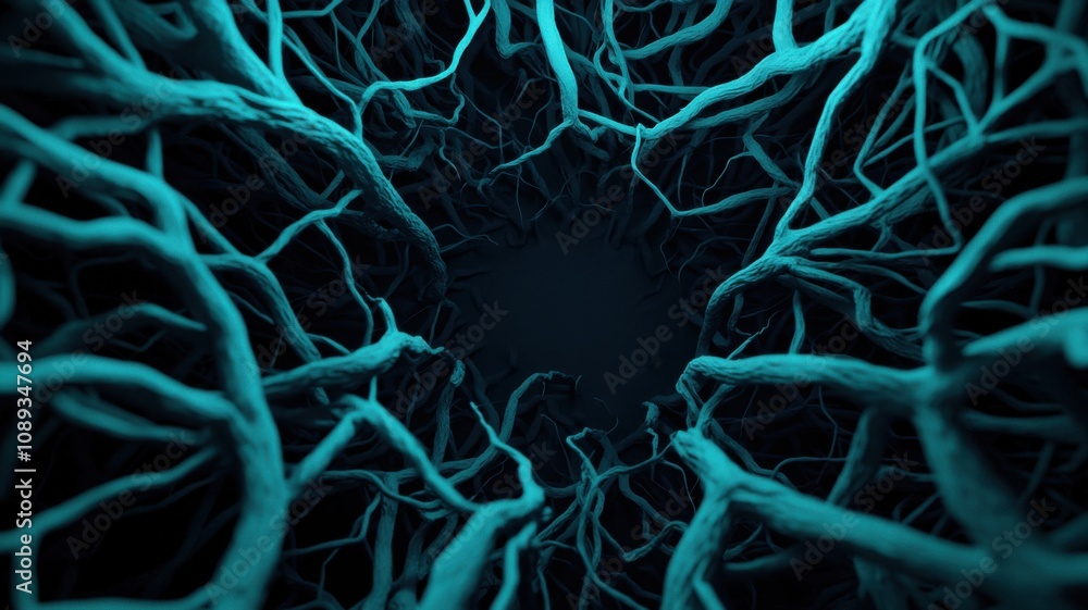 Poster a mesmerizing view of entwined blue roots converging toward a dark center, creating a sense of depth