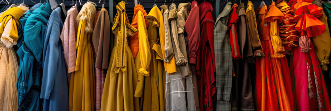 Costume Design Inspiration: A rack of colorful costumes, sketches, and swatches for an upcoming period drama.