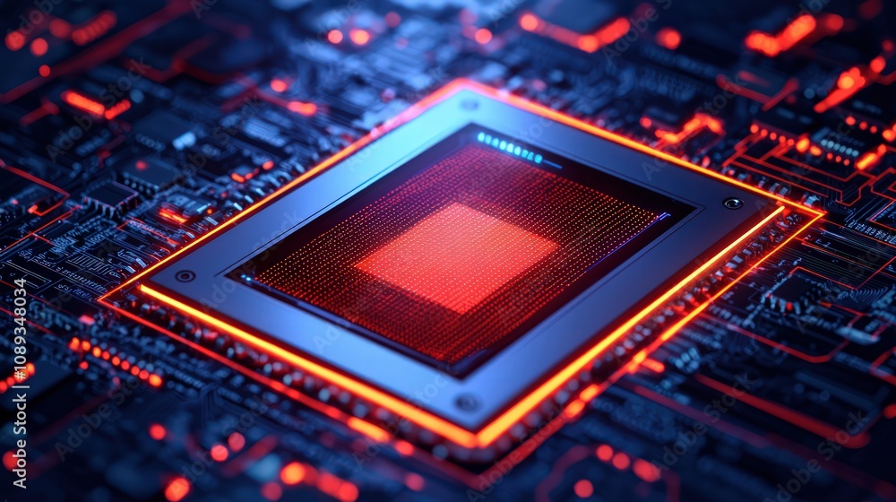 Poster a vibrant close-up of a microprocessor on a circuit board, showcasing intricate details and glowing 