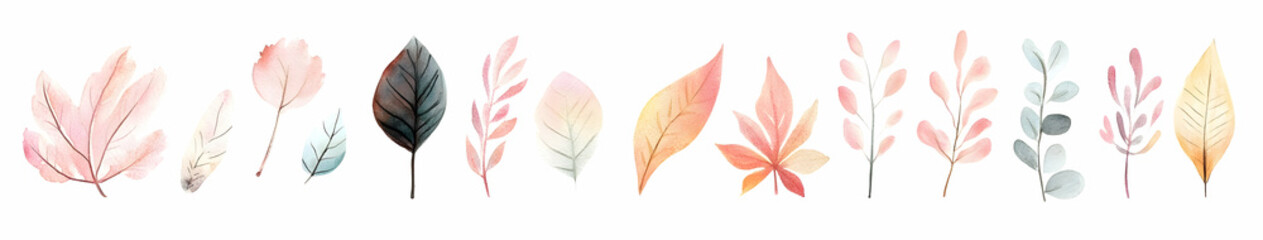 Watercolor painted leaves and branches collection isolated on white background. Perfect for wedding invitations, cards, and other design projects.