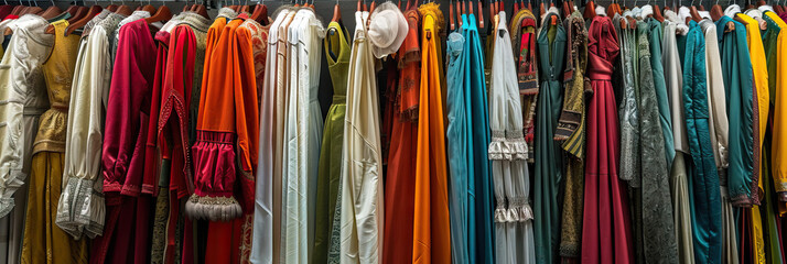Costume Design Inspiration: A rack of colorful costumes, sketches, and swatches for an upcoming period drama.