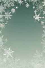 Translucent white snowflakes on a pale green pastel background with an empty space in the center for congratulations. Phone background