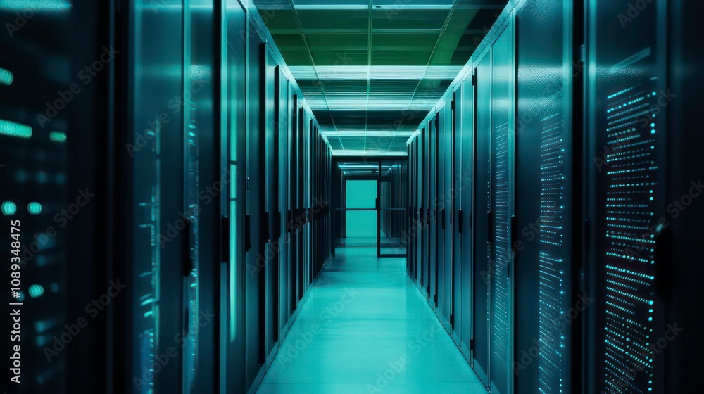 Aufkleber a long hallway of servers in a data center with blue lighting.