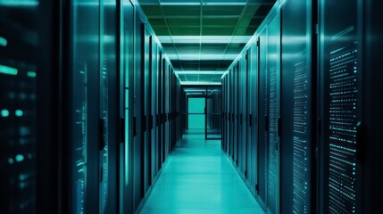 A long hallway of servers in a data center with blue lighting.