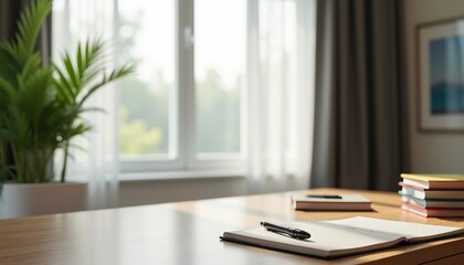 Serene Office Space with Wooden Desk, Organized Items and Plant.