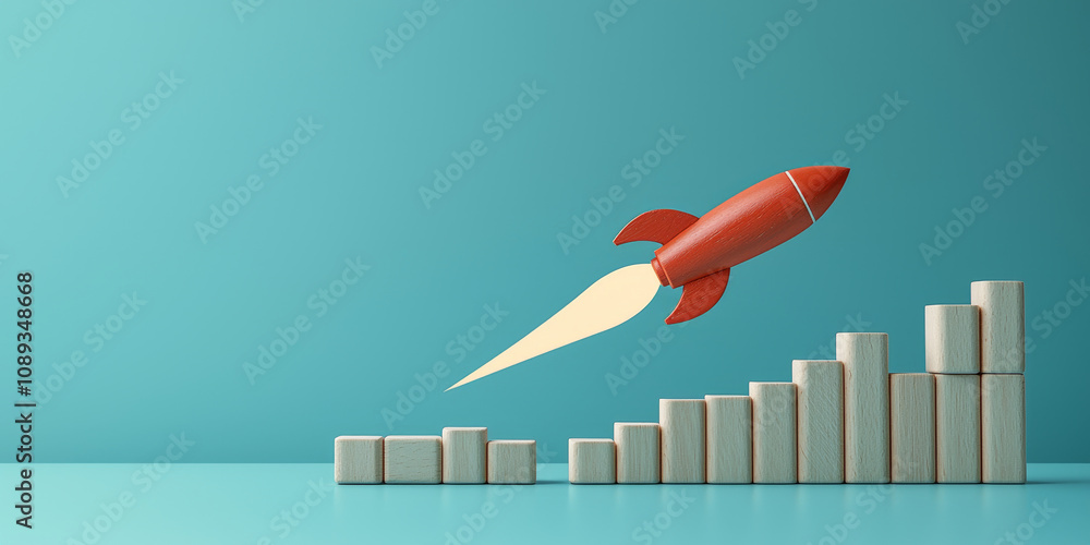 Aufkleber minimal wooden blocks forming chart with rocket, symbolizing growth and progress. vibrant colors cre