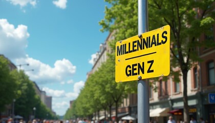 Vibrant Street Scene with Silver Pole and Bright Yellow Generational Sign.