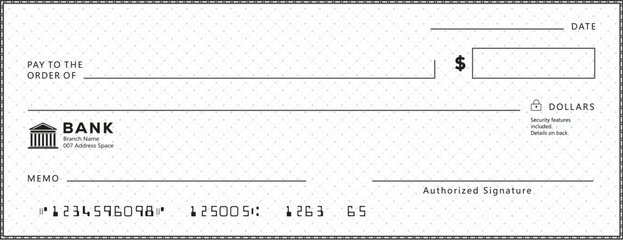 Blank bank check, checkbook cheque template with blue guilloche, vector mockup. Money payment bank check voucher or pay cash cheque certificate, account bill paycheck	