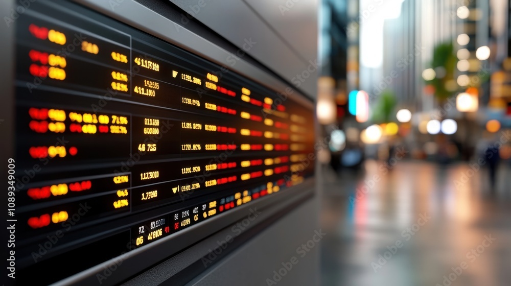 Poster digital stock exchange ticker displaying real-time market data in a modern urban environment with bl