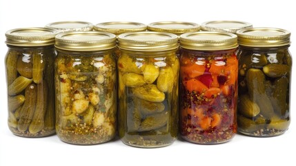 Row of pickled vegetable jars on a white background, each jar containing different types of vibrant pickles and herbs.
