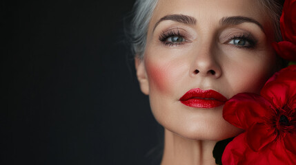 Elegant woman with silver hair and red lips poses with a flower