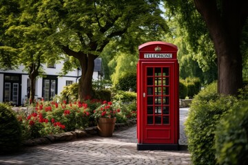Vibrant red public telephone booth with coin operated system for communication services