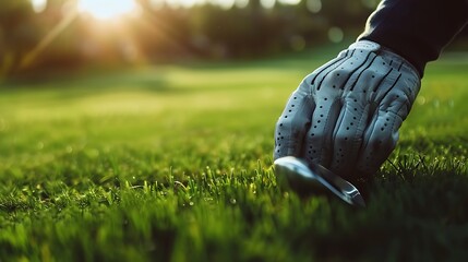 A close-up of a golfer's hand gripping a golf club, preparing to take a shot on a sunlit green.