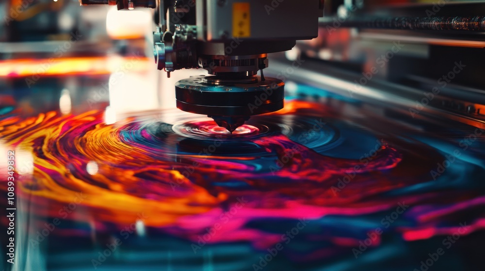 Aufkleber a close-up of a precision machine creating vibrant patterns on a surface.