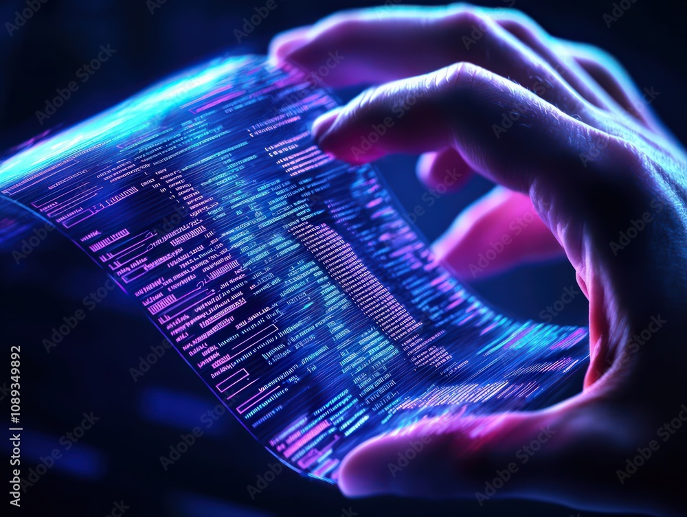 Poster a hand holds a translucent digital display, showcasing colorful code and data against a dark backgro