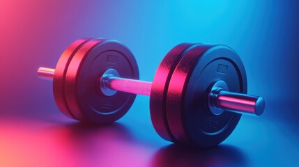 A close-up of a dumbbell with colorful lighting, symbolizing fitness and strength training.