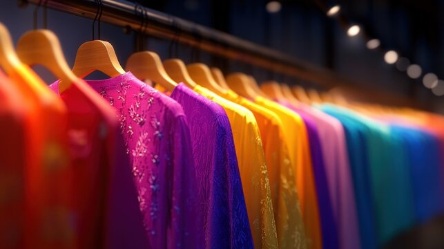 colorful traditional garments hanging in a display