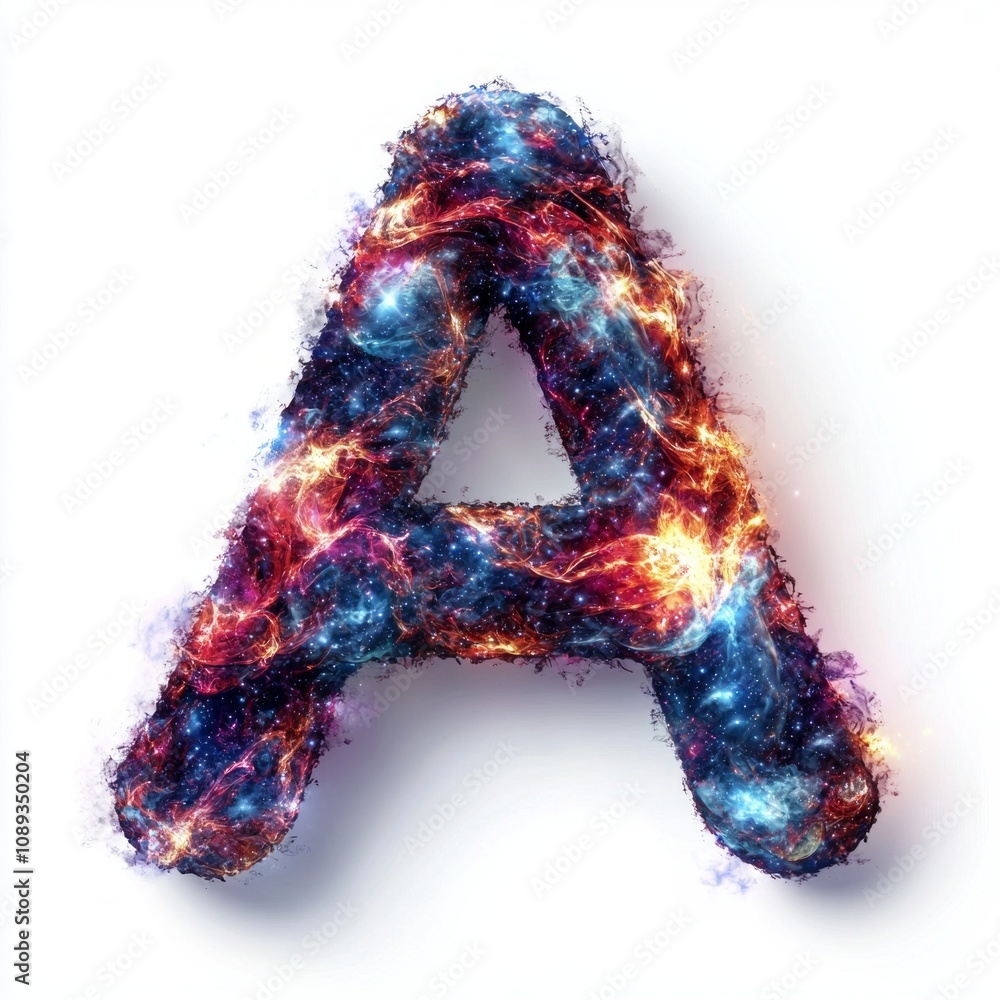 Poster artistic representation features letter formed using colorful elements evoke vastness space.
