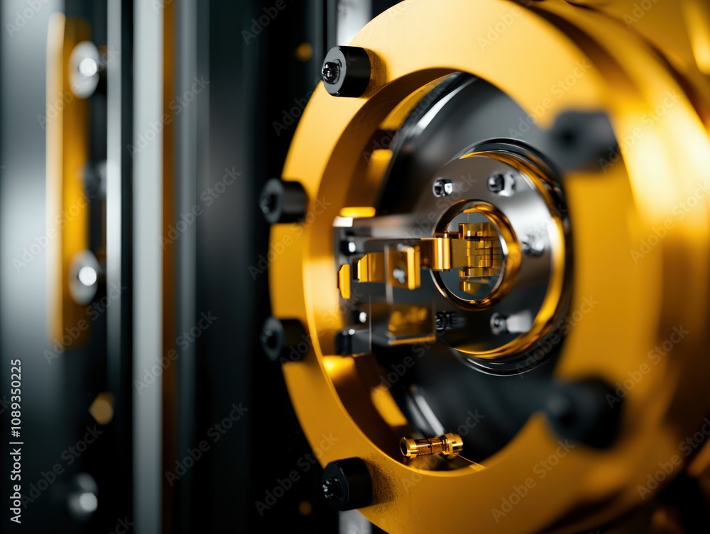 Poster a close-up view of a metallic component with a shiny golden finish, showcasing intricate details and