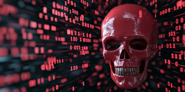 red skull symbolizing malware and cyber threats, surrounded by binary code. image conveys sense of danger and urgency in digital world